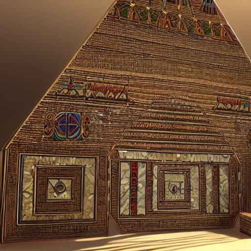 Prompt: egyptian art of a chalet made of crystals and feathers 8K 3D and hyperrealistic