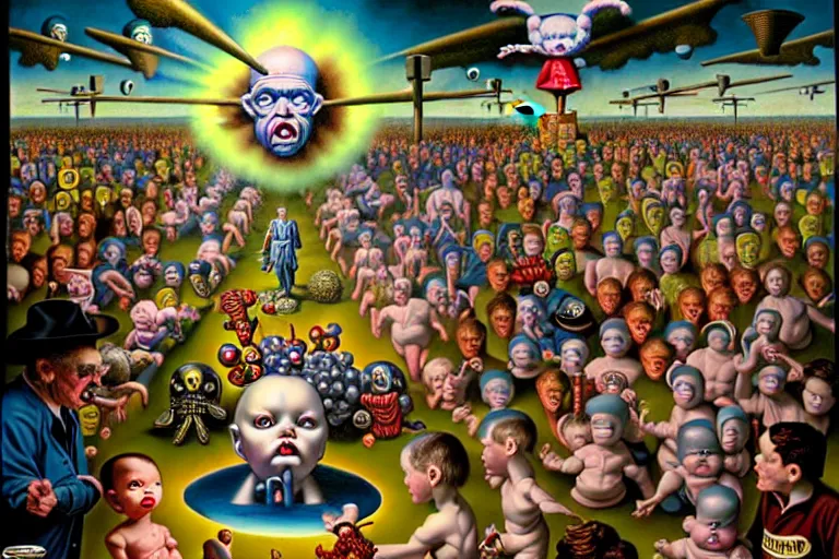 Image similar to a sparsely populated strange battle in an old hospital between old people and babies Robert Williams Mark Ryden and Alex Gross, Todd Schorr highly detailed deep perspective perfect composition