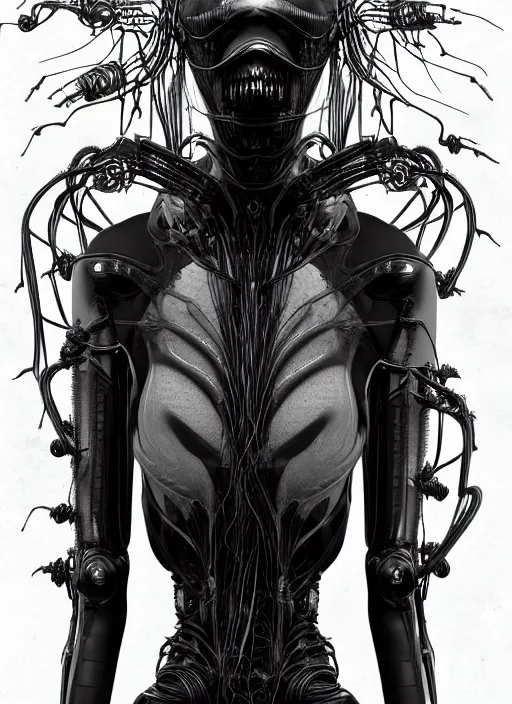 Image similar to gothic inflateble dark dress, perfect symmetrical body, helmet on face, full body shot, alien, plant predator, guyver, giger, wires, tubes, veins, jellyfish, white biomechanical details, wearing epic bionic cyborg implants, masterpiece, intricate, biopunk, vogue, highly detailed, artstation, concept art