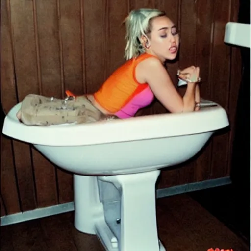 Prompt: Miley Cyrus planking on the toilet