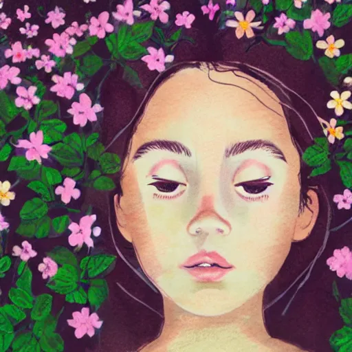 Image similar to girl looking up with flowers sprouting from her face, ethereal illustration