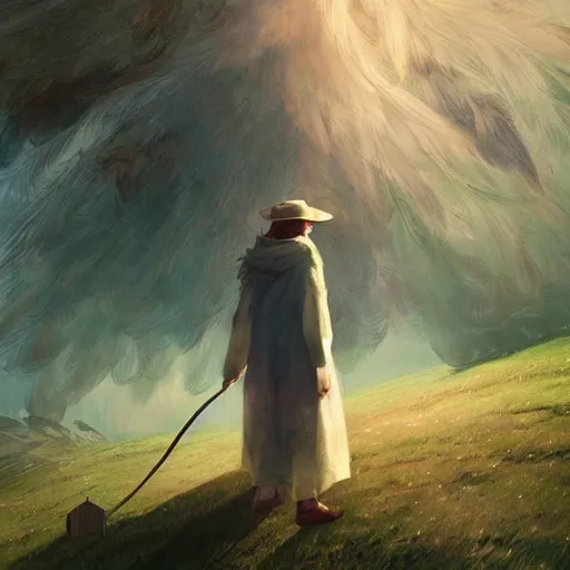 Image similar to snufkin with white angel wings in front of heaven doors, digital illustration portrait design, by android jones and greg rutkowski, retrowave color scheme, detailed, cinematic lighting, wide angle action dynamic portrait