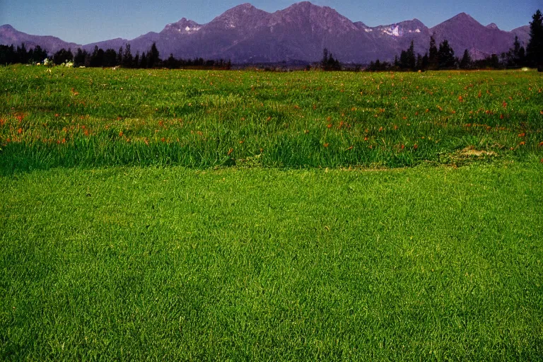 Image similar to film color photography, long view of green lawn with mirror that reflected red, no focus, mountains in distance, 35mm