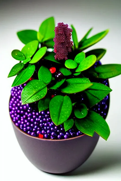 Image similar to crystals shaped like exotic berry shrubbery, potted plant made of gemstones