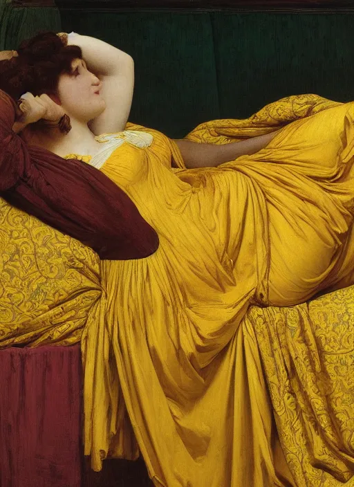 Image similar to masterpiece portrait of lady reclining on bed wearing yellow ochre ornate medieval dress, vertical, foreshortening, colour photography by frederic leighton, william morris, 8 k