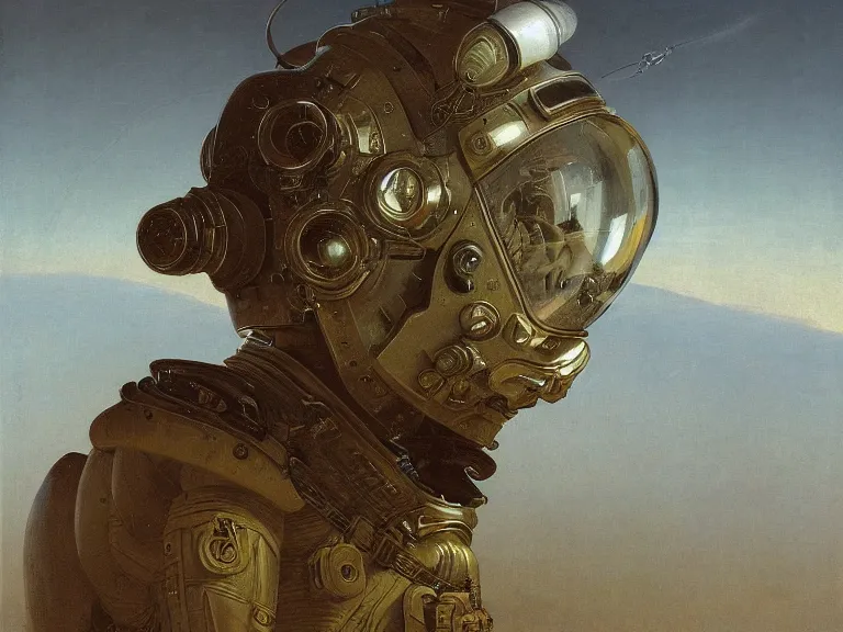 Image similar to a detailed profile painting of an explorer in a spacesuit with reflective visor, symmetrical and science fiction theme by beksinski carl spitzweg and tuomas korpi. baroque elements, full-length view. baroque element. intricate artwork by caravaggio. Trending on artstation. 8k