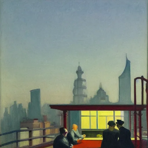 Image similar to a small rooftop with a couple of people sitting and watching the view, shanghai bund is on the background, night, by edward hopper