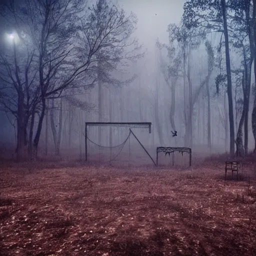 Prompt: a haunted circus deep in the middle of the forest, fog, realistic, moonlight