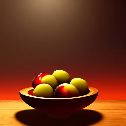 Image similar to concept art of a single bowl filled with a few moist freshly picked plums on a wooden table. digital painting, illustration, volumetric lighting, highly detailed, small scale, artistic, trending on artstation.