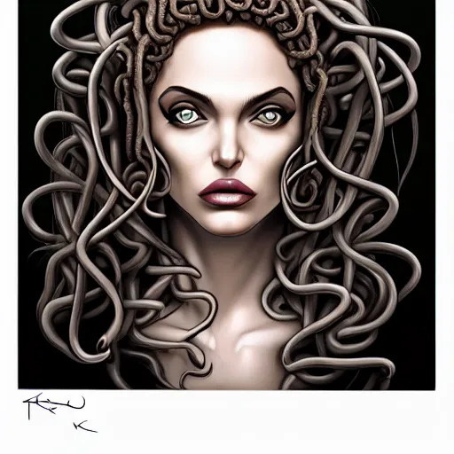 Image similar to beautiful head of medusa from greek mythology, angelina jolie seductive expression licking her lips, big snakes heads with open mouth, snakes in place of hair, manga drawing, hyperdetailed, 8 k realistic, trending on artstation, by kentaro miura