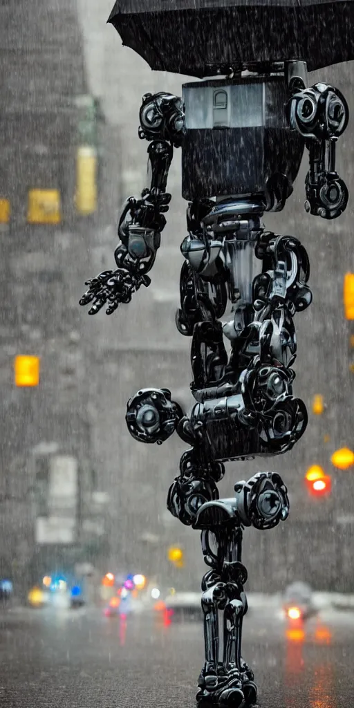 Image similar to robot on the road, city, photo, rain,