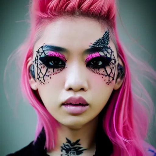 Prompt: punk tattooed asian supermodel with pink hair and a beautiful face with long eyelashes