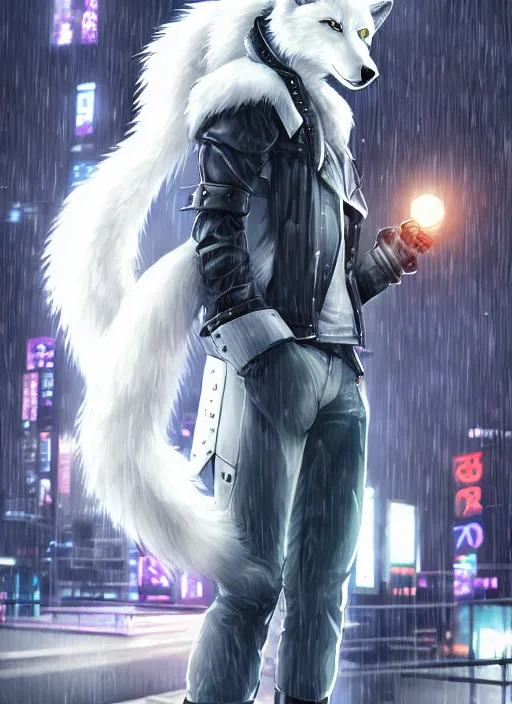 Image similar to character portrait of a male anthro white wolf fursona with a tail and a cute beautiful attractive furry face wearing stylish cyberpunk clothes in a cyberpunk city at night while it rains. hidari, color page, tankoban, 4K, tone mapping, Akihiko Yoshida.