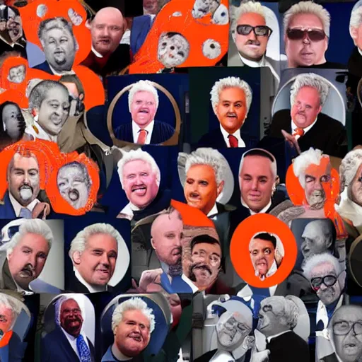 Prompt: press photo of President Guy Fieri, State of the Union Address, congress, audience, symmetrical faces!!!!, round symmetrical eyes!!!, cinematic lighting, award winning photo, press photo, kodak 2383 film, low contrast!!, (((orange))), washed out colors