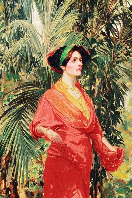 Prompt: a girl with arabesque red and green and golden detailed scarf set on a detailed persian carpet, tree palms in background, painting by john singer sargent