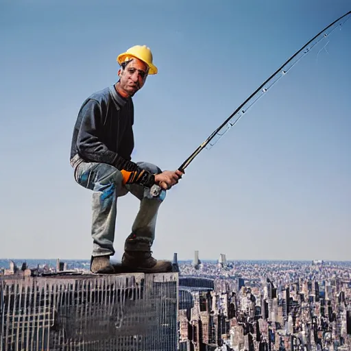 Prompt: closeup portrait of a construction worker with a fishing rod sitting on a metal beam high over new york city, photography, world press photo