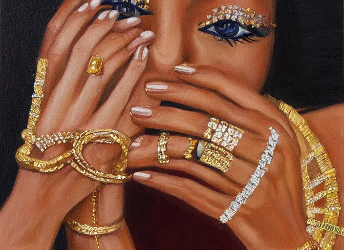 Image similar to painting of a female wearing hundreds of gold and platinum rings, by alex petruk