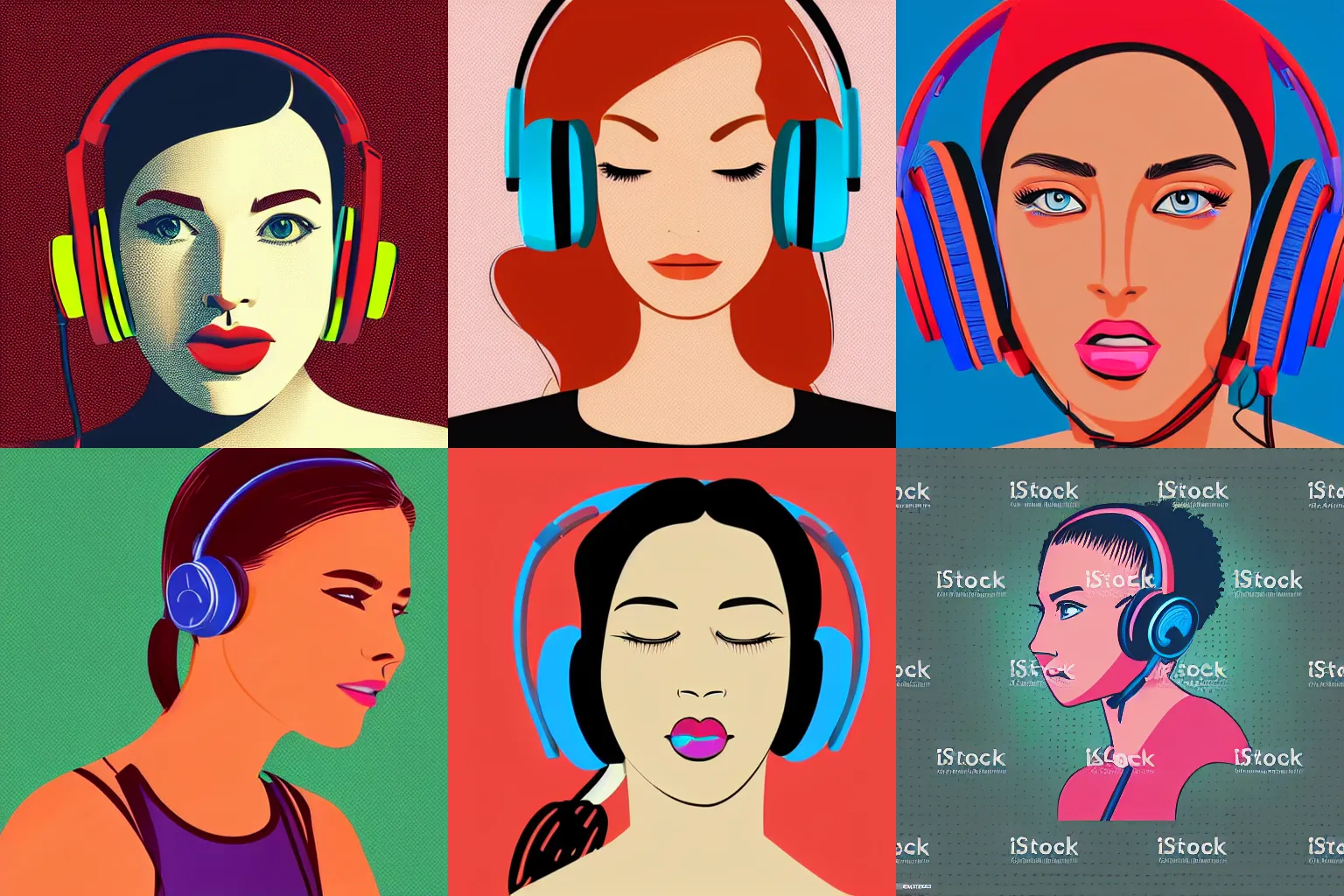Prompt: a closeup of a female face with headphones in retro colors 2d digital vector art