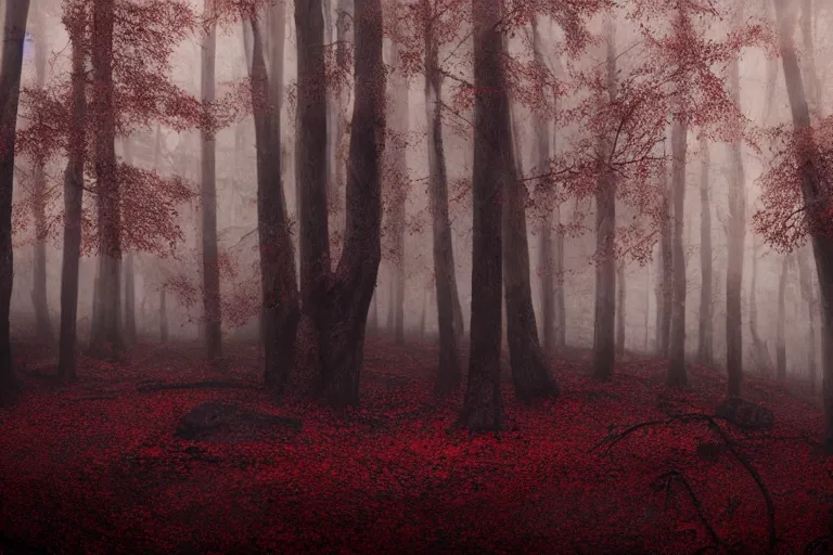 Image similar to deep dark moody forest, red fog on the ground, bleak. big stones, dark mood. mysterious. doom. realistic painting. photobashing, matte painting, highly detailed, autumn, cinematic, hyperralistic, artstation