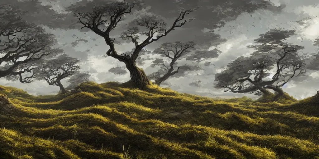 Prompt: bent windswept trees, soilless rocky terrain in background, high quality fantasy art, 4k