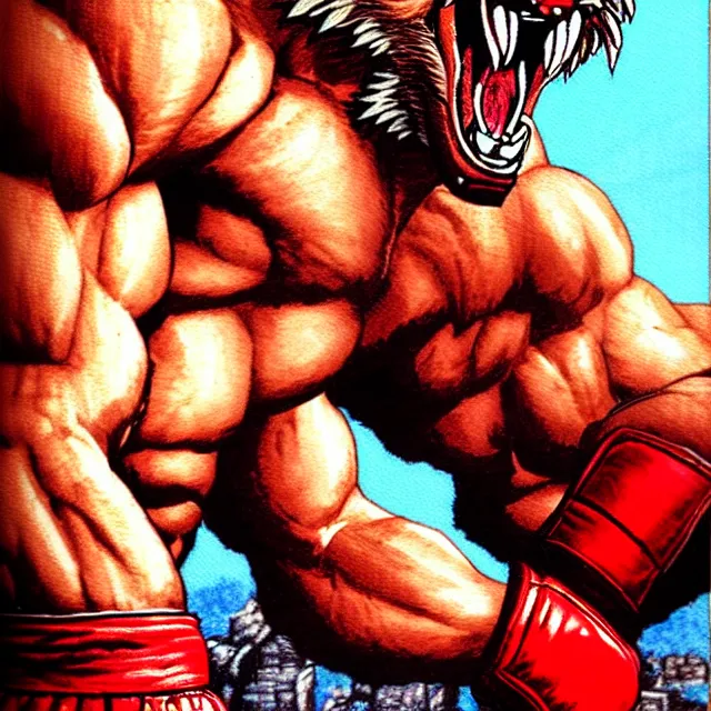 Image similar to extreme long shot. 8 bit nes graphics. antropomorphic muscular masculine wolf. kickboxer fighter, in shorts. wolf head. fine details, very sharp, art from nes game cartridge, marc simonetti and hermann nitsch