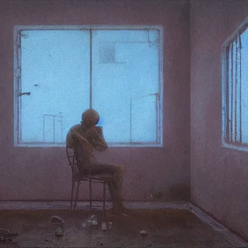 Image similar to depressed fbi agent in a run down motel room, beksinski, wayne barlowe, very coherent symmetrical artwork, cinematic, hyper realism, high detail, octane render, 8 k