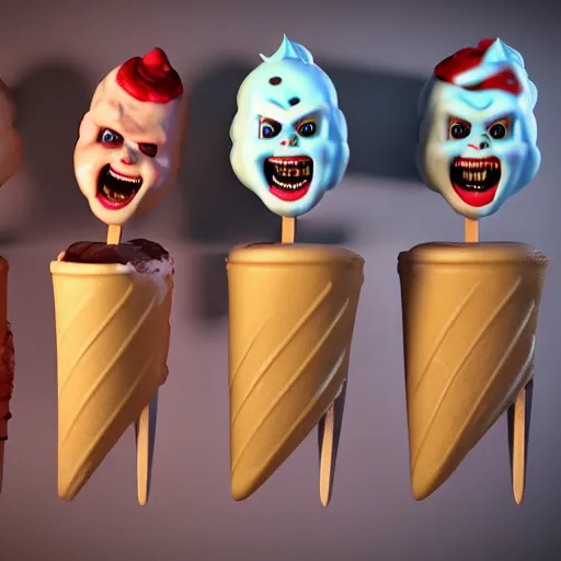 Image similar to a large variety of ice cream popsicles shaped like screaming chucky dolls, octane render
