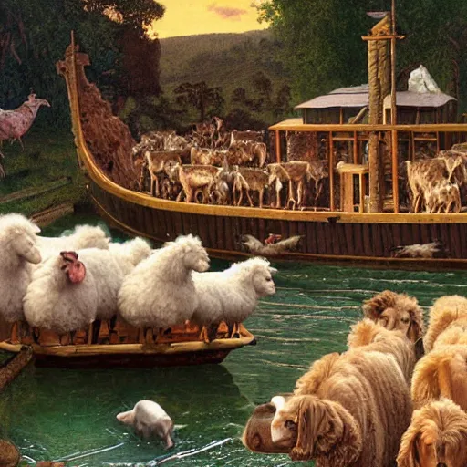 Image similar to an extremely detailed matte painting of the animals leaving noah's ark, dogs, cows, sheep, chickens, ducks, 4 k, noah's ark, antediluvian, by bob ross and norman rockwell