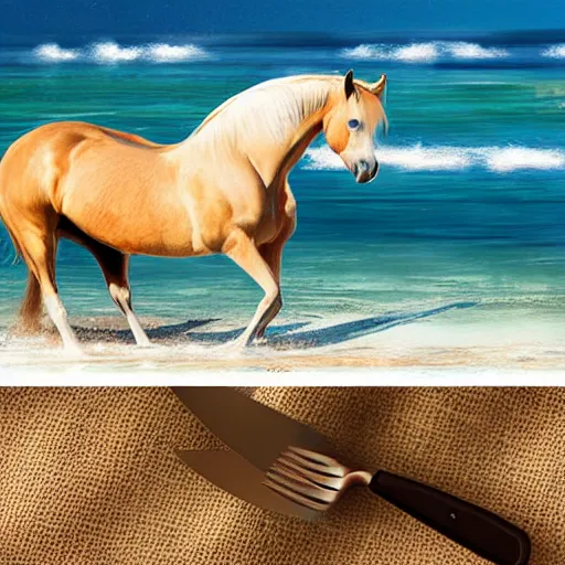 Image similar to horse swimming in the ocean with fork and knife, photorealistic, high detail