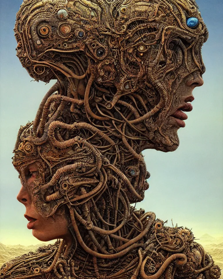 Image similar to ultra realist intricate detailed portrait of a single rugged attractive female on an alien landscape, insanity, accurate features, apocalyptic, very intricate details, 8 k resolution, dim lighting, volumetric lighting, artstyle zdzisław beksinski and keith thompson, award winning