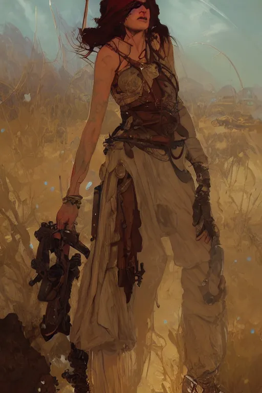 Image similar to a full body portrait of a beautiful post apocalyptic offworld musicians district bedouin blind pulp fiction scarlet wild rogue barbarian leper begging by the roadside, intricate, elegant, highly detailed, digital painting, artstation, concept art, smooth, sharp focus, illustration, art by krenz cushart and artem demura and alphonse mucha