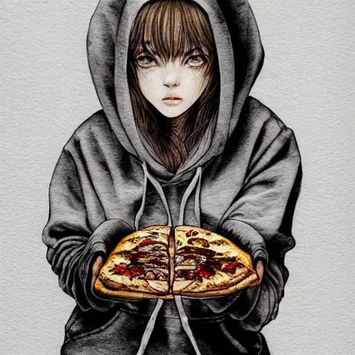 Prompt: portrait of a grungy girl, wearing a hoodie and sweatpants, symmetrical wings made of pizza, basic white background, symmetrical, watercolor, pen and ink, intricate line drawings, by Yoshitaka Amano, Ruan Jia, Kentaro Miura, Artgerm, detailed, trending on artstation, hd, masterpiece,