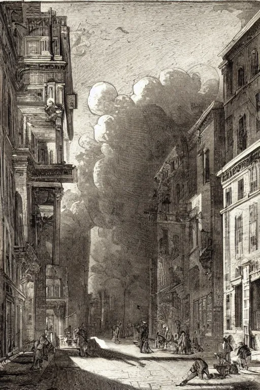 Prompt: a city street in the moonlight by piranesi
