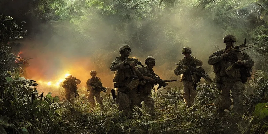 Image similar to a squad of american soldiers ambushed by the vietcong in the jungle illuminated by flare, beautiful, high contrast, cinematic, art by craig mullins