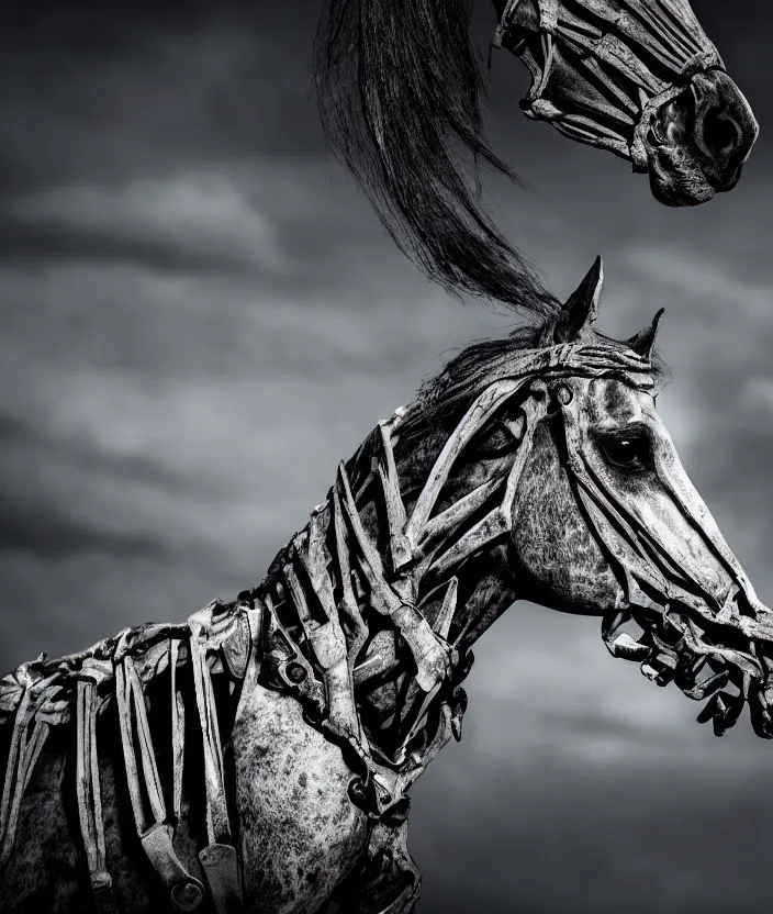 Image similar to skeleton of a horse in a dark veil, dark and mysterious, stopped in time, atmospheric, ominous, eerie, cinematic, epic, 8 k, 4 k, ultra detail, ultra realistic