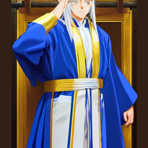 Prompt: card art portrait of a young man with long white hair wearing blue and golden robes, long white hair, blue and golden robes, detailed robes, intrincated design, makoto shinkai, anime character, very detailed, matte, tonemapping, bbwchan, perfection, 4 k, william - adolphe bouguereau