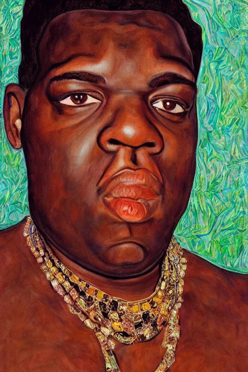 Image similar to a portrait of biggie smalls wearing boho - chic style clothes, full body!!, realistic painting in egon schiele style, masterpiece, hyperdetailed, complex, intricate, 4 k, trending on artstation