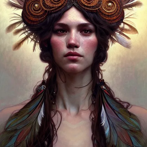 Prompt: Portrait of a giant wearing an intricate feather headdress, face, fantasy, intricate, elegant, highly detailed, digital painting, artstation, concept art, smooth, sharp focus, illustration, art by Krenz Cushart and Artem Demura and alphonse mucha