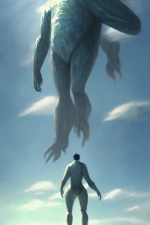 Prompt: a large humanoid kaiju creature alien monster bug creature, smooth translucent white skin, large mouth long fangs, walking above the clouds and fog, movie poster, by makoto shinkai an krenz cushart