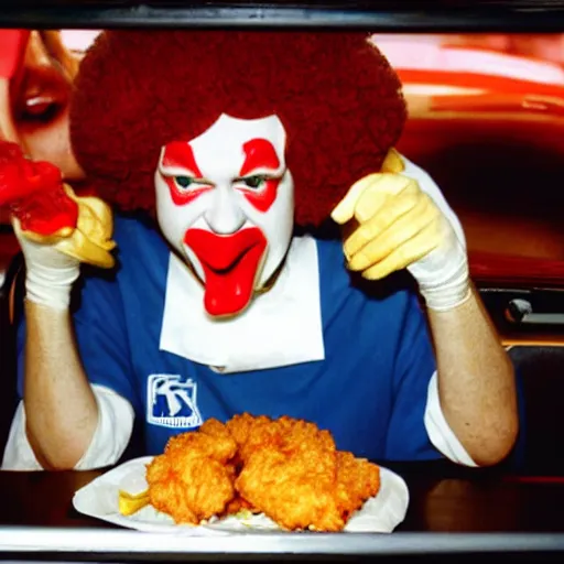Prompt: Paparazzi Photograph of Ronald Mcdonald eating Kentucky Fried Chicken at Burger King