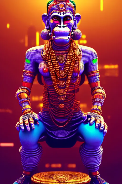 Image similar to high quality 3 d render colorful cyborg! hanuman sitting, gold madhubani, highly detailed, cyberpunk!! mumbai in the background, vray cinematic smooth, blade runner, moody light, low angle, uhd 8 k, sharp focus