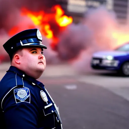 Image similar to chubby cop takes a selfie in front of a riot, highly detailed, sharp focus, dramatic lighting, 8 k