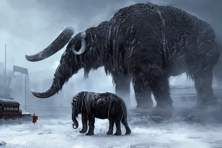 Image similar to a grand intricate futuristic black steam train next to a giant mammoth, post - apocalyptic ice landscape in snowstorm, concept art, artstation, highly detailed, digital art