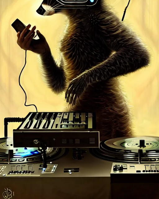 Image similar to cyborg dj raccoon mixing on stage, diffuse lighting, fantasy, intricate, elegant, highly detailed, lifelike, photorealistic, digital painting, artstation, illustration, concept art, smooth, sharp focus, art by john collier and albert aublet and krenz cushart and artem demura and alphonse mucha