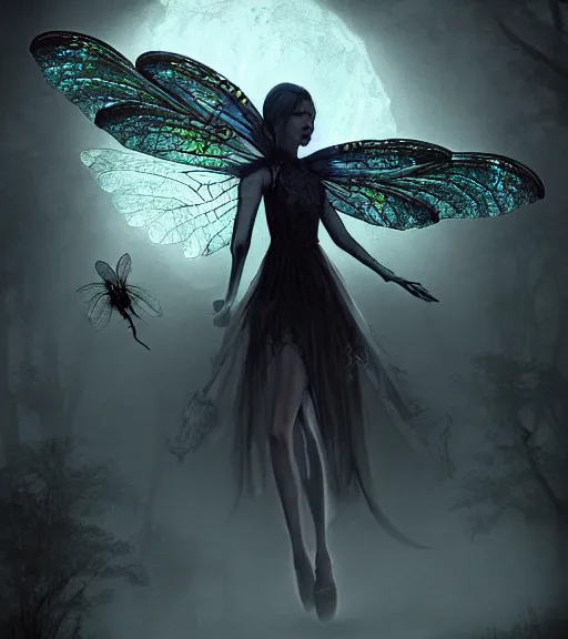 Image similar to gothic fairy with dragonfly wings, digital painting, liminal eerie midnight backlit, a picture taken by Michael Komarck