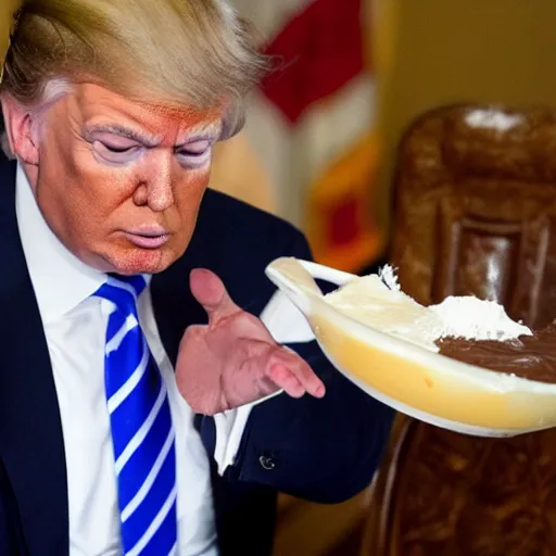 Prompt: donald trump is a crying baby in a highchair with pudding all over his face