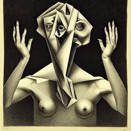 Image similar to lithography on paper conceptual figurative post - morden monumental portrait by goya and escher, illusion surreal art, highly conceptual figurative art, intricate detailed illustration, controversial poster art, polish poster art, geometrical drawings, no blur