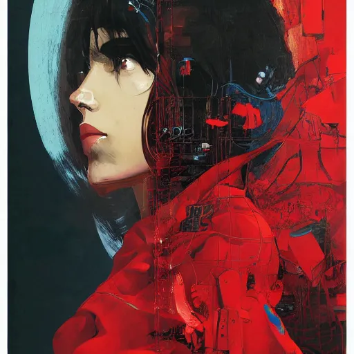 Prompt: portrait of a daydreaming melancholic latin woman in red habit being progressively rasterized into pixels from another world, she is surrounded by digital birds and a giant loving neon mecha robot is besides her, oil on canvas game poster by yoji shinkawa, esao andrews, dave mckean and stina persson