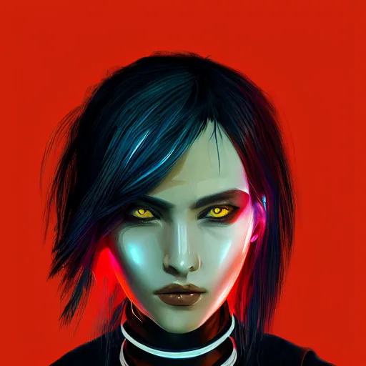 Image similar to headshot artwork of cyberpunk woman wearing thick steel choker, realistic, artstation, neon,