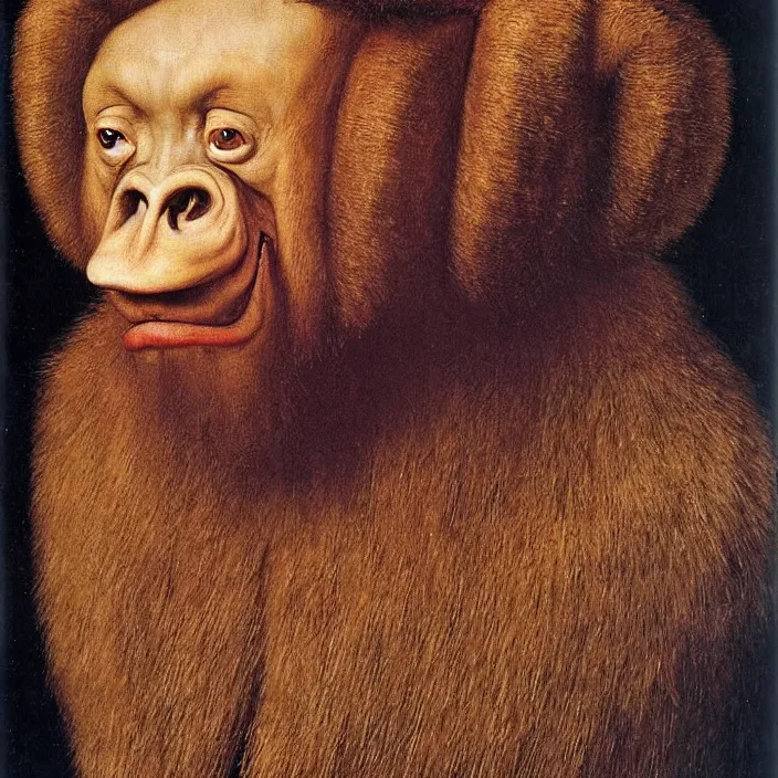 Image similar to close up portrait of a mutant monster creature with mandrill - like nose, baldness, needles portruding through the cheeks, painted forehead, medusae beard. jan van eyck